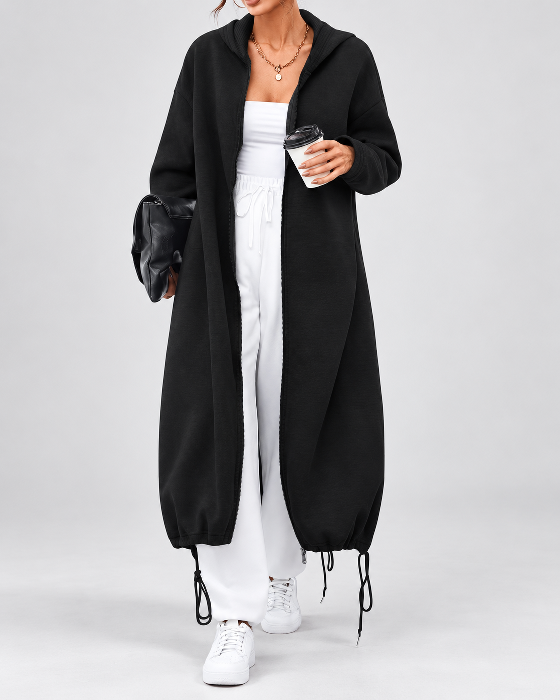 Women's Soft Longline Hooded Coat with Zip Front and Drawstring Hem