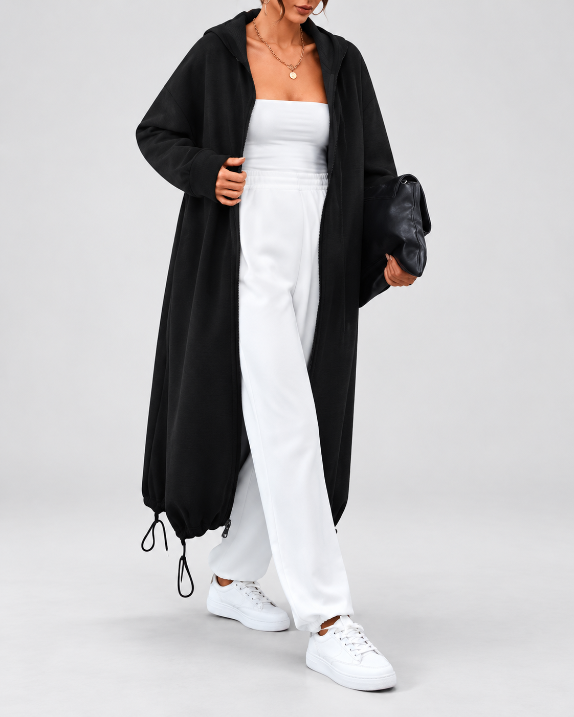Women's Soft Longline Hooded Coat with Zip Front and Drawstring Hem