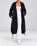 Women's Soft Longline Hooded Coat with Zip Front and Drawstring Hem