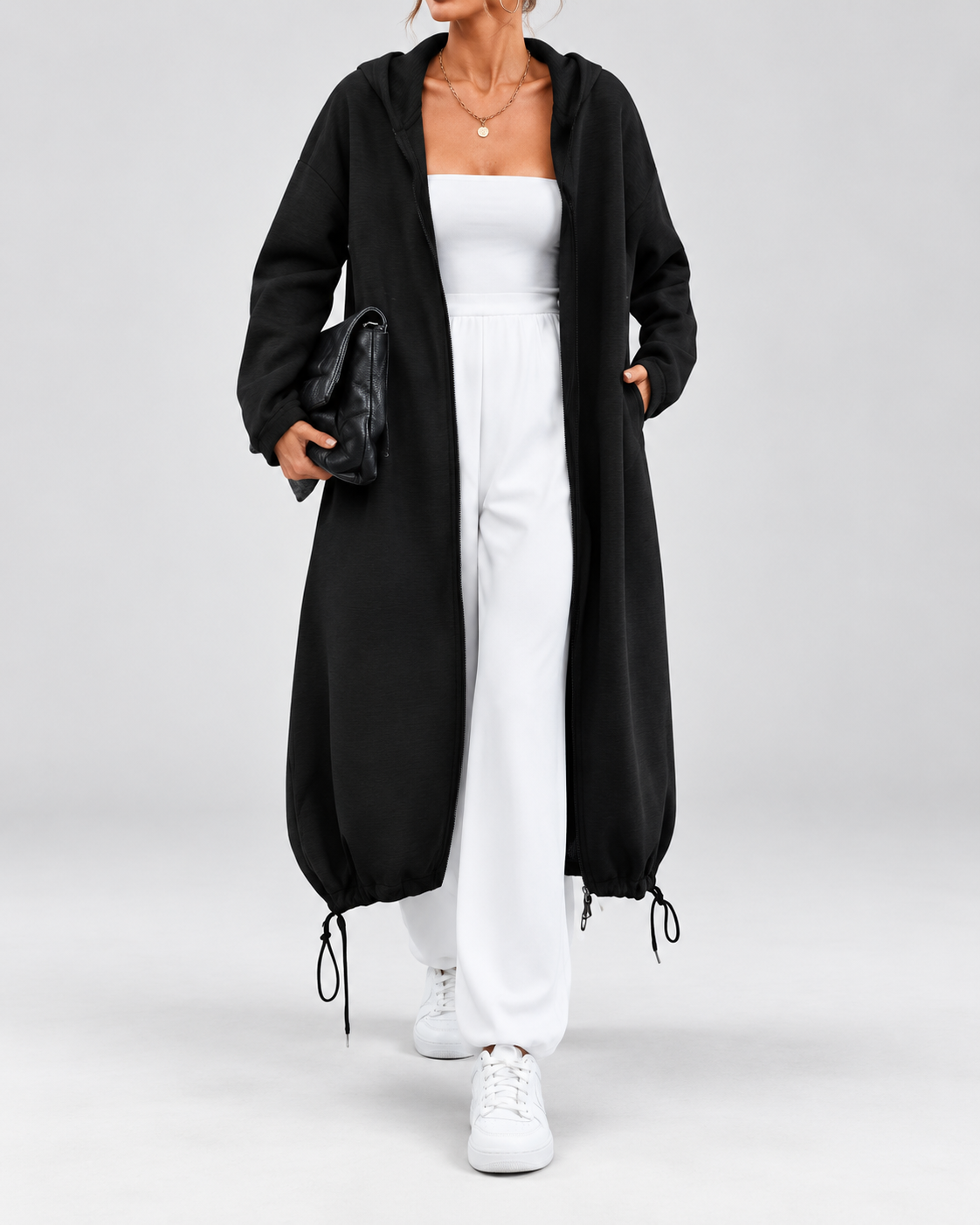 Women's Soft Longline Hooded Coat with Zip Front and Drawstring Hem