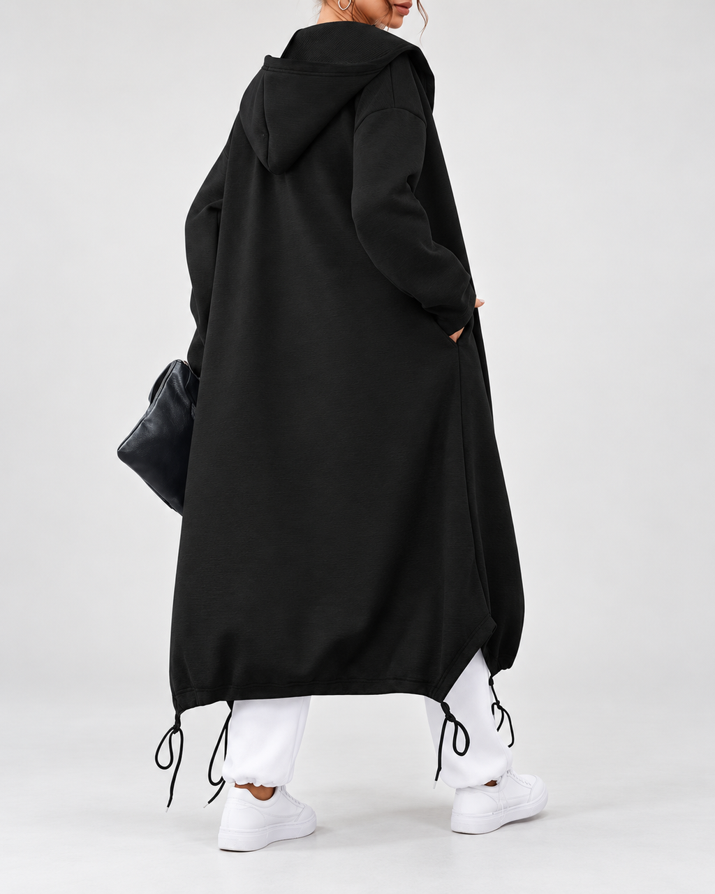 Women's Soft Longline Hooded Coat with Zip Front and Drawstring Hem