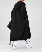 Women's Soft Longline Hooded Coat with Zip Front and Drawstring Hem
