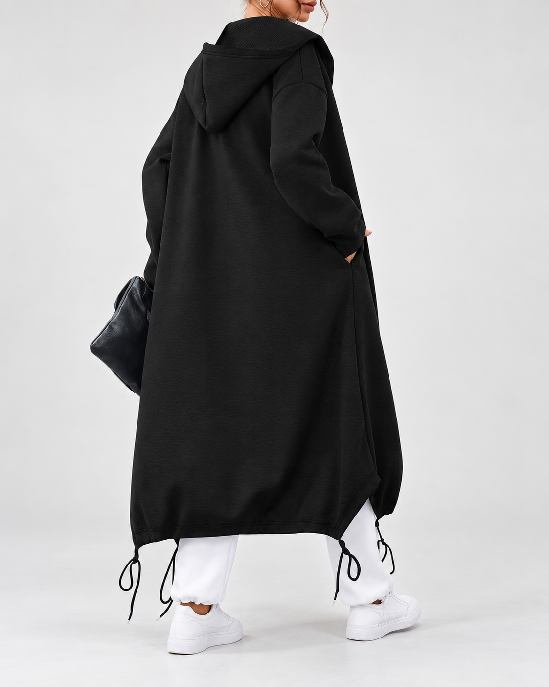 Women's Soft Longline Hooded Coat with Zip Front and Drawstring Hem