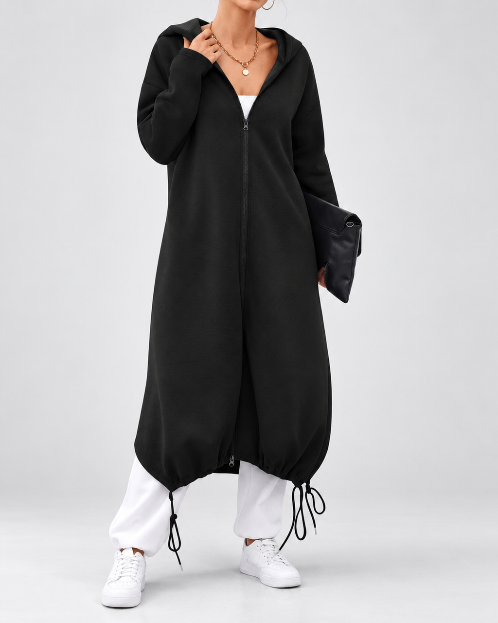 Women's Soft Longline Hooded Coat with Zip Front and Drawstring Hem