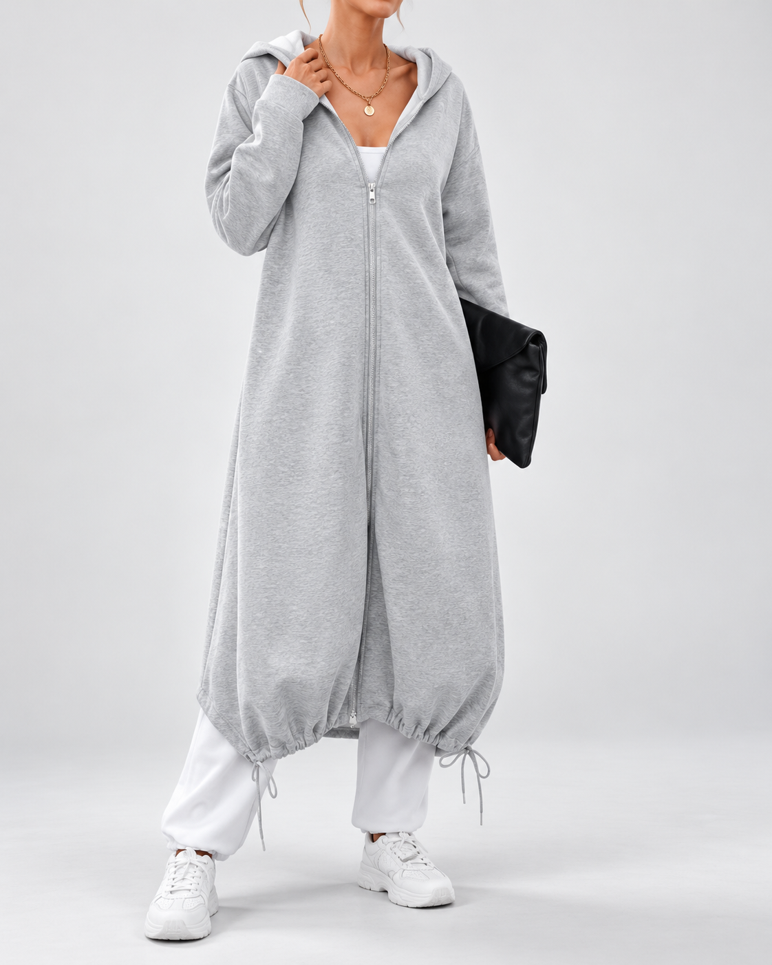 Women's Soft Longline Hooded Coat with Zip Front and Drawstring Hem
