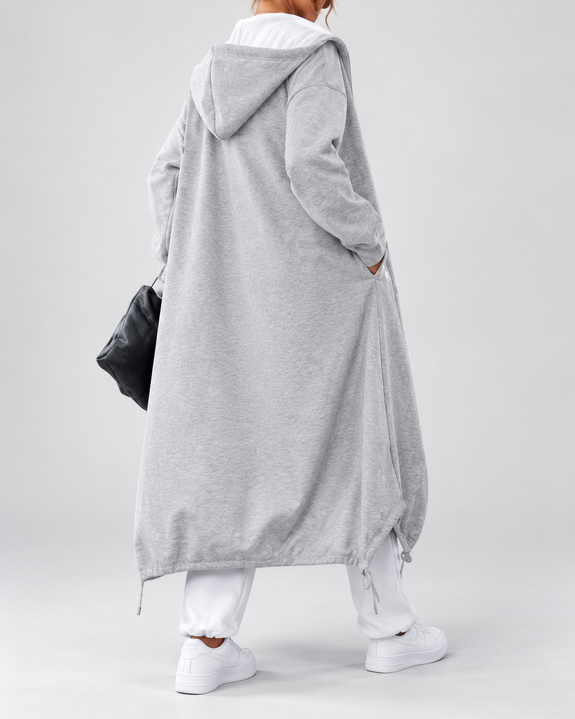 Women's Soft Longline Hooded Coat with Zip Front and Drawstring Hem