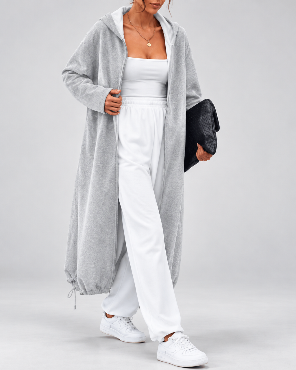 Women's Soft Longline Hooded Coat with Zip Front and Drawstring Hem