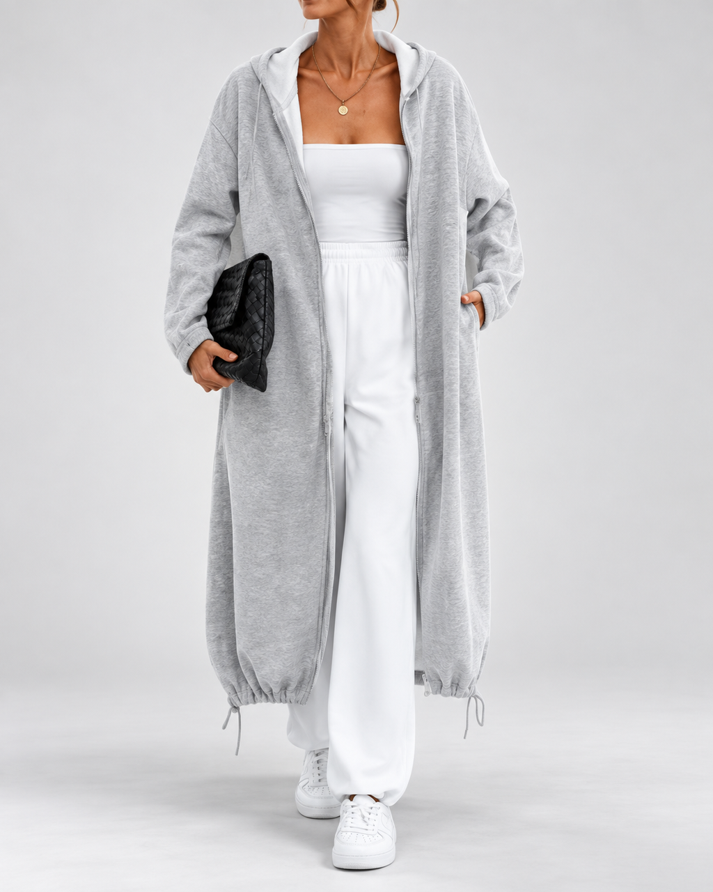 Women's Soft Longline Hooded Coat with Zip Front and Drawstring Hem