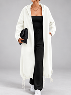 Women's Soft Longline Hooded Coat with Zip Front and Drawstring Hem