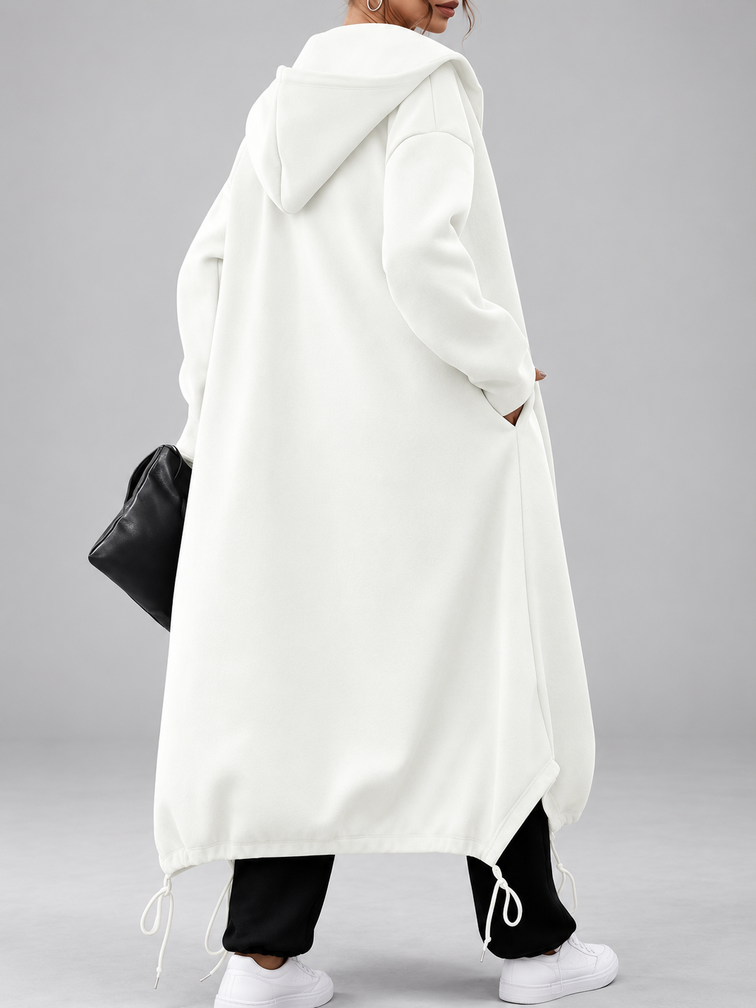 Women's Soft Longline Hooded Coat with Zip Front and Drawstring Hem