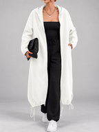 Women's Soft Longline Hooded Coat with Zip Front and Drawstring Hem