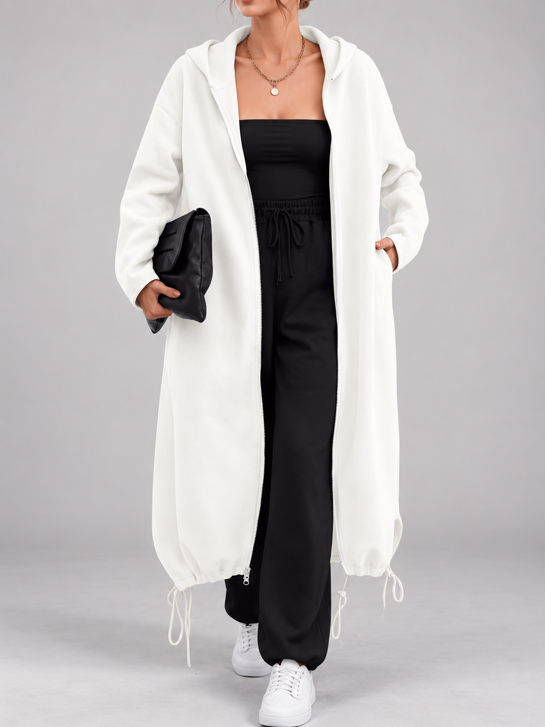 Women's Soft Longline Hooded Coat with Zip Front and Drawstring Hem