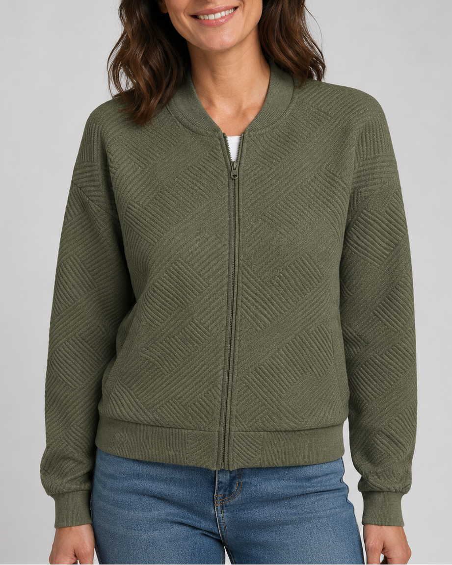Women's Textured Bomber Jacket with Zip Front and Pockets