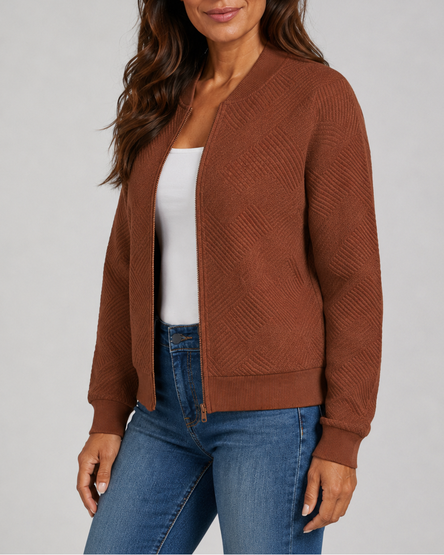 Women's Textured Bomber Jacket with Zip Front and Pockets