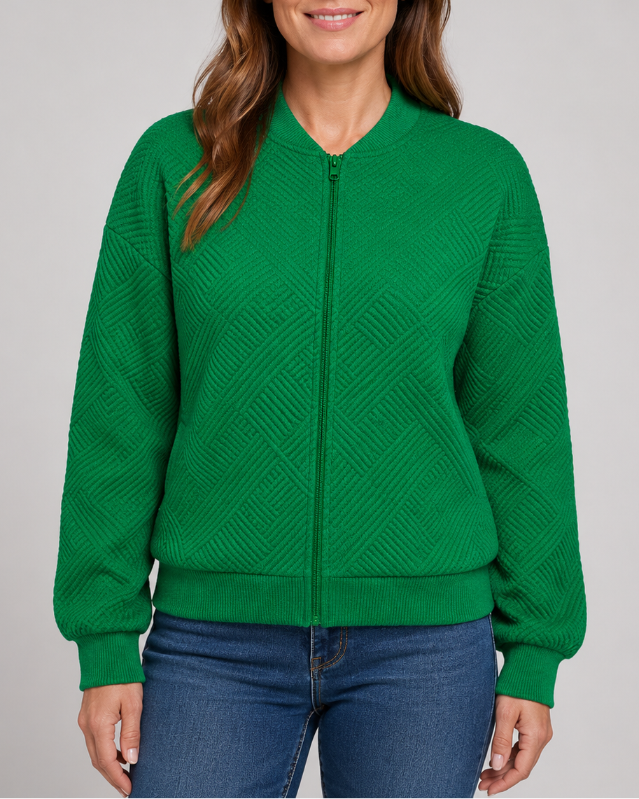 Women's Textured Bomber Jacket with Zip Front and Pockets