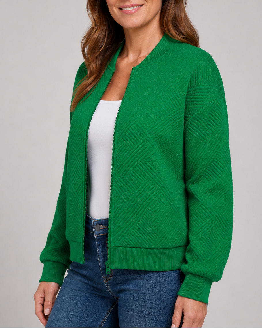 Women's Textured Bomber Jacket with Zip Front and Pockets