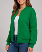 Women's Textured Bomber Jacket with Zip Front and Pockets