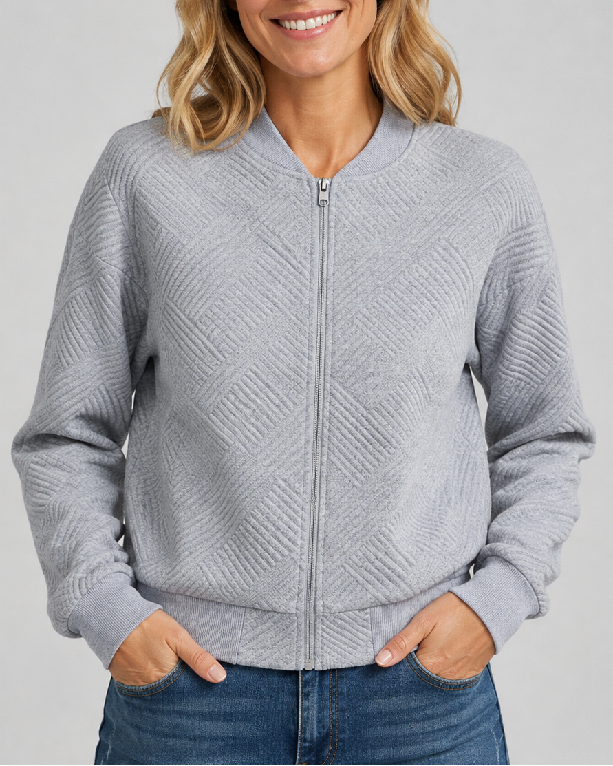 Women's Textured Bomber Jacket with Zip Front and Pockets