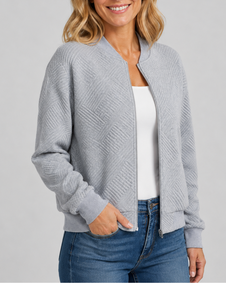 Women's Textured Bomber Jacket with Zip Front and Pockets