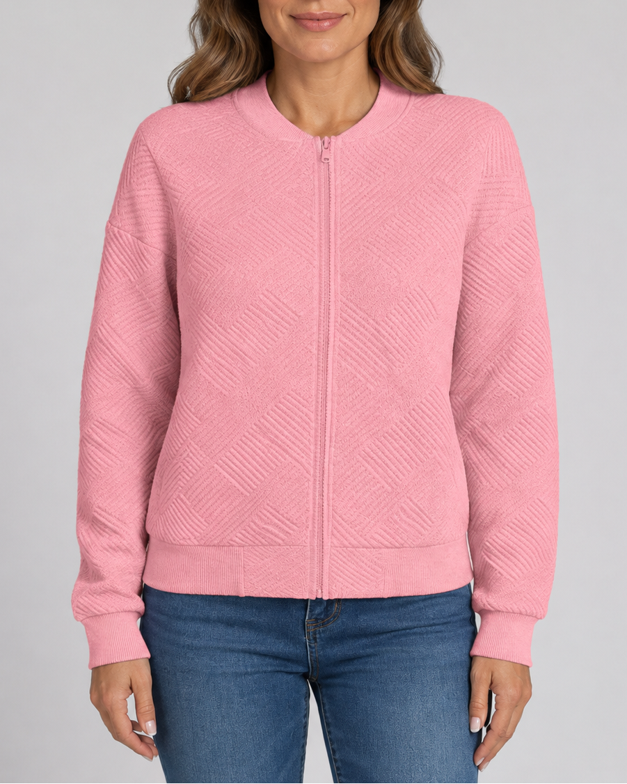 Women's Textured Bomber Jacket with Zip Front and Pockets