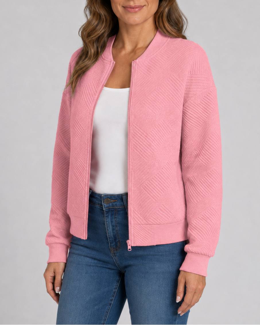 Women's Textured Bomber Jacket with Zip Front and Pockets