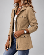 Women's Utility Jacket with Flap Pockets and Drawstring Waist