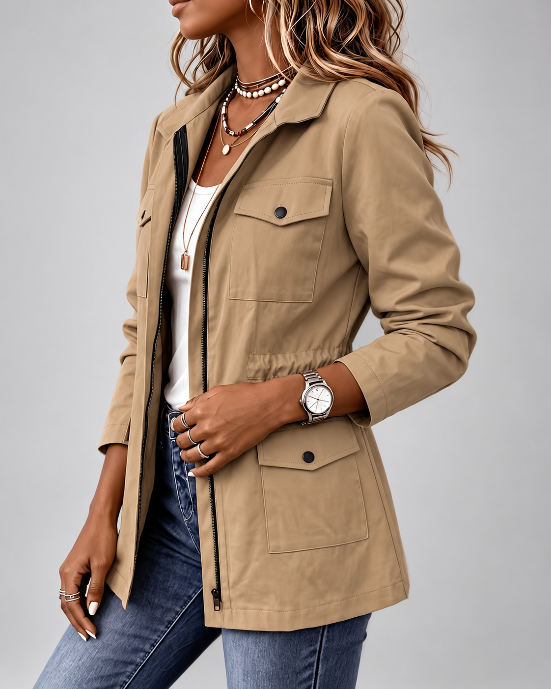 Women's Utility Jacket with Flap Pockets and Drawstring Waist
