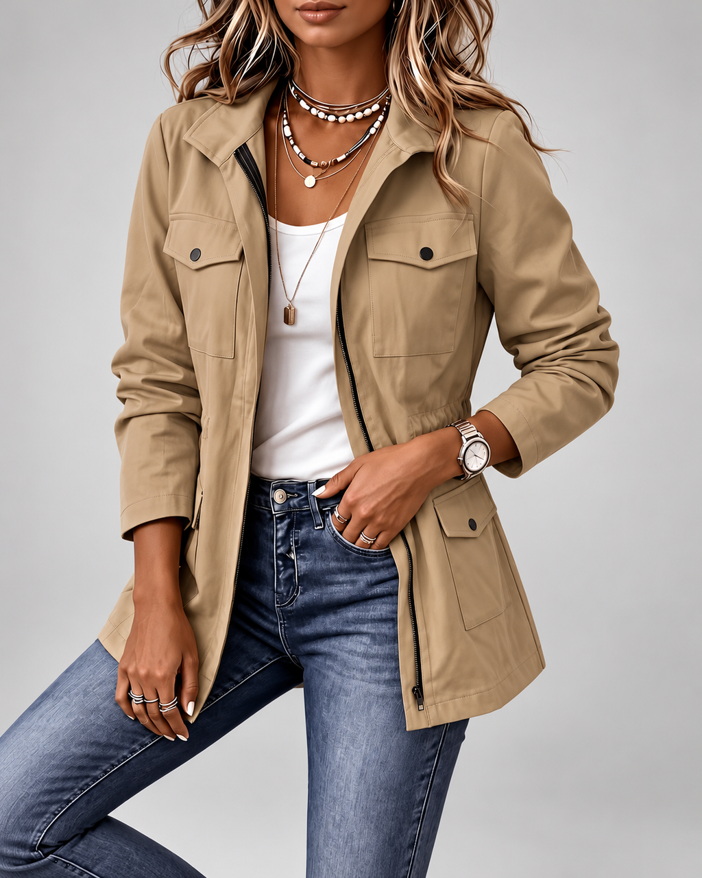 Women's Utility Jacket with Flap Pockets and Drawstring Waist