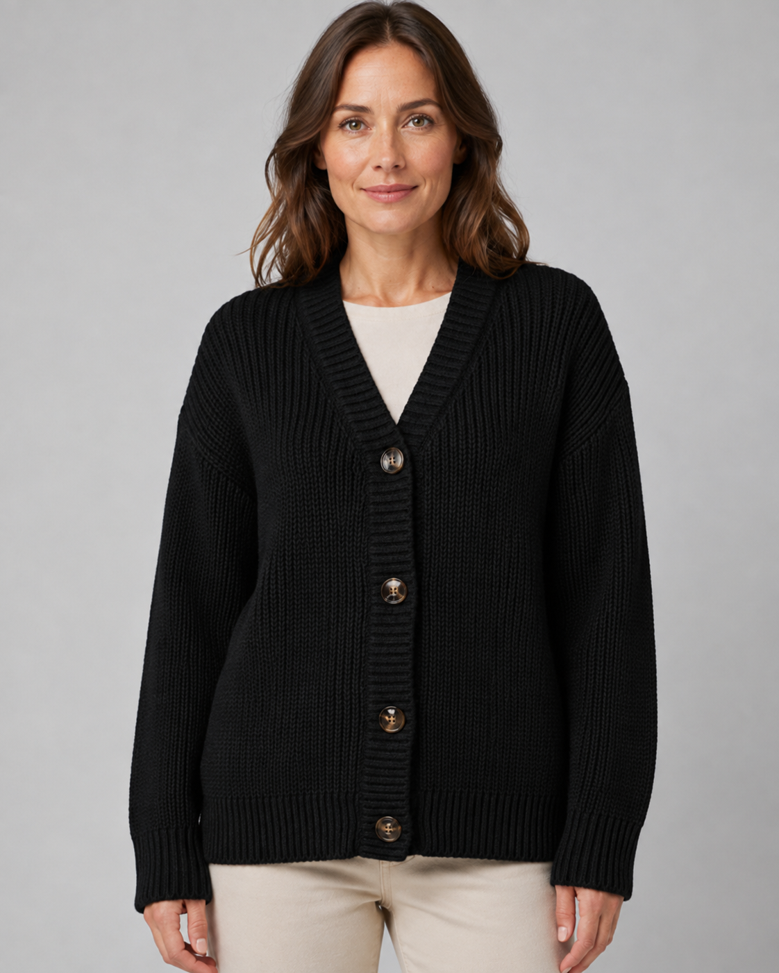 Women's Ribbed Knit Cardigan with V-Neck and Button Front
