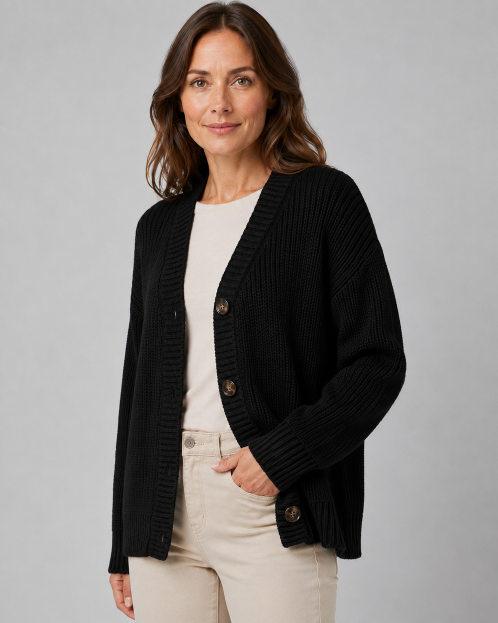 Women's Ribbed Knit Cardigan with V-Neck and Button Front