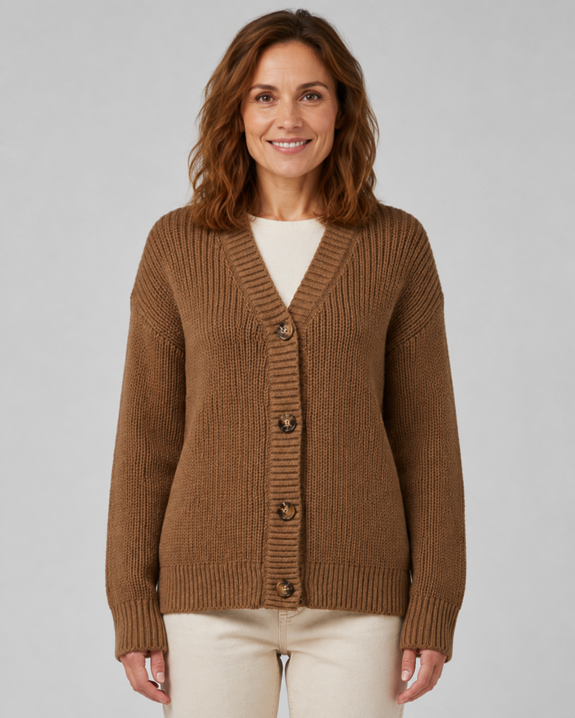 Women's Ribbed Knit Cardigan with V-Neck and Button Front
