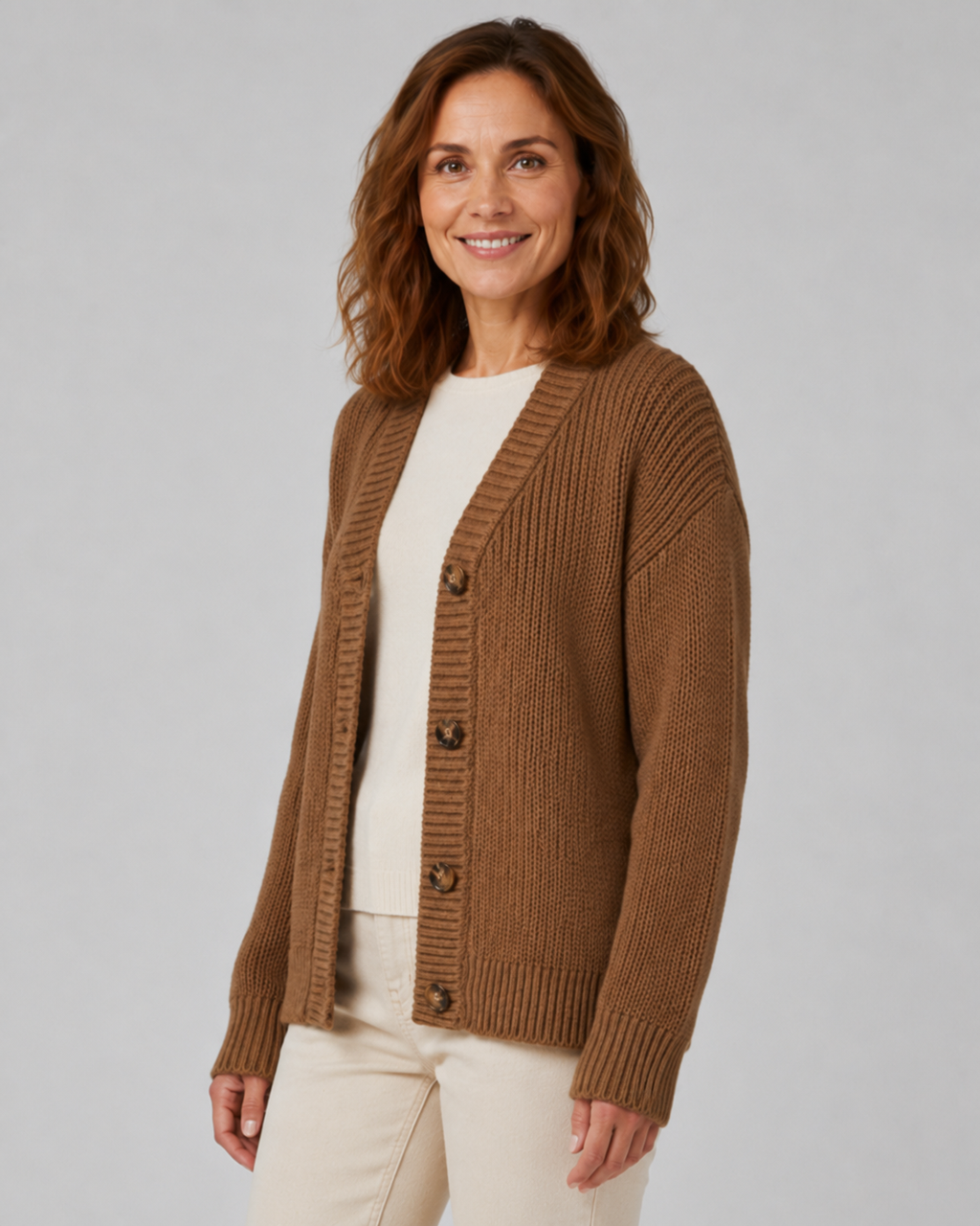 Women's Ribbed Knit Cardigan with V-Neck and Button Front
