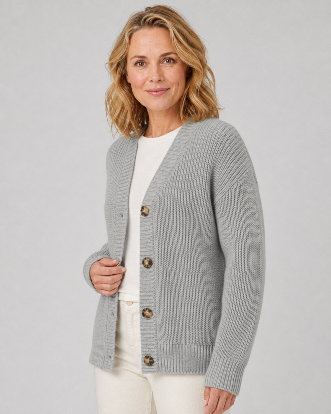 Women's Ribbed Knit Cardigan with V-Neck and Button Front