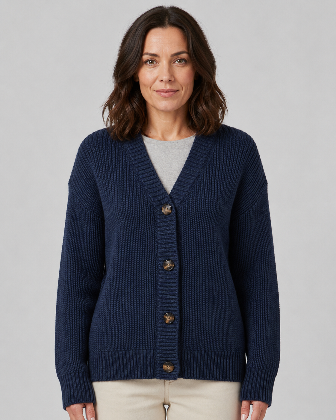 Women's Ribbed Knit Cardigan with V-Neck and Button Front