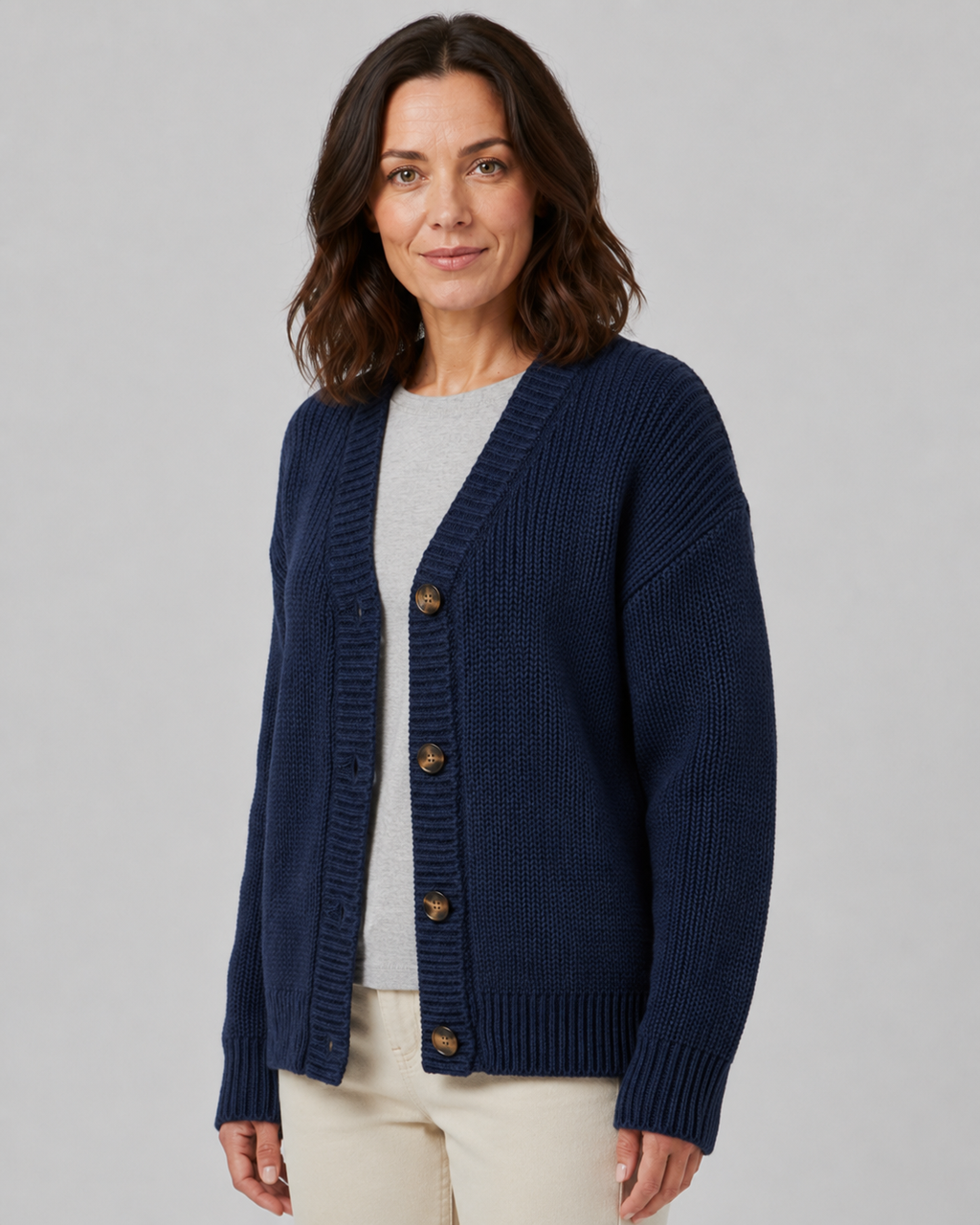 Women's Ribbed Knit Cardigan with V-Neck and Button Front