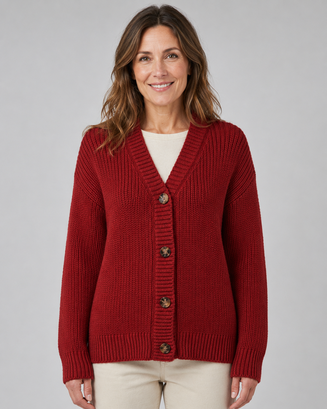 Women's Ribbed Knit Cardigan with V-Neck and Button Front