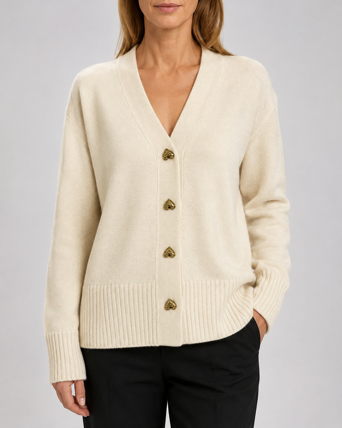 Women's V-Neck Knit Cardigan with Heart Buttons