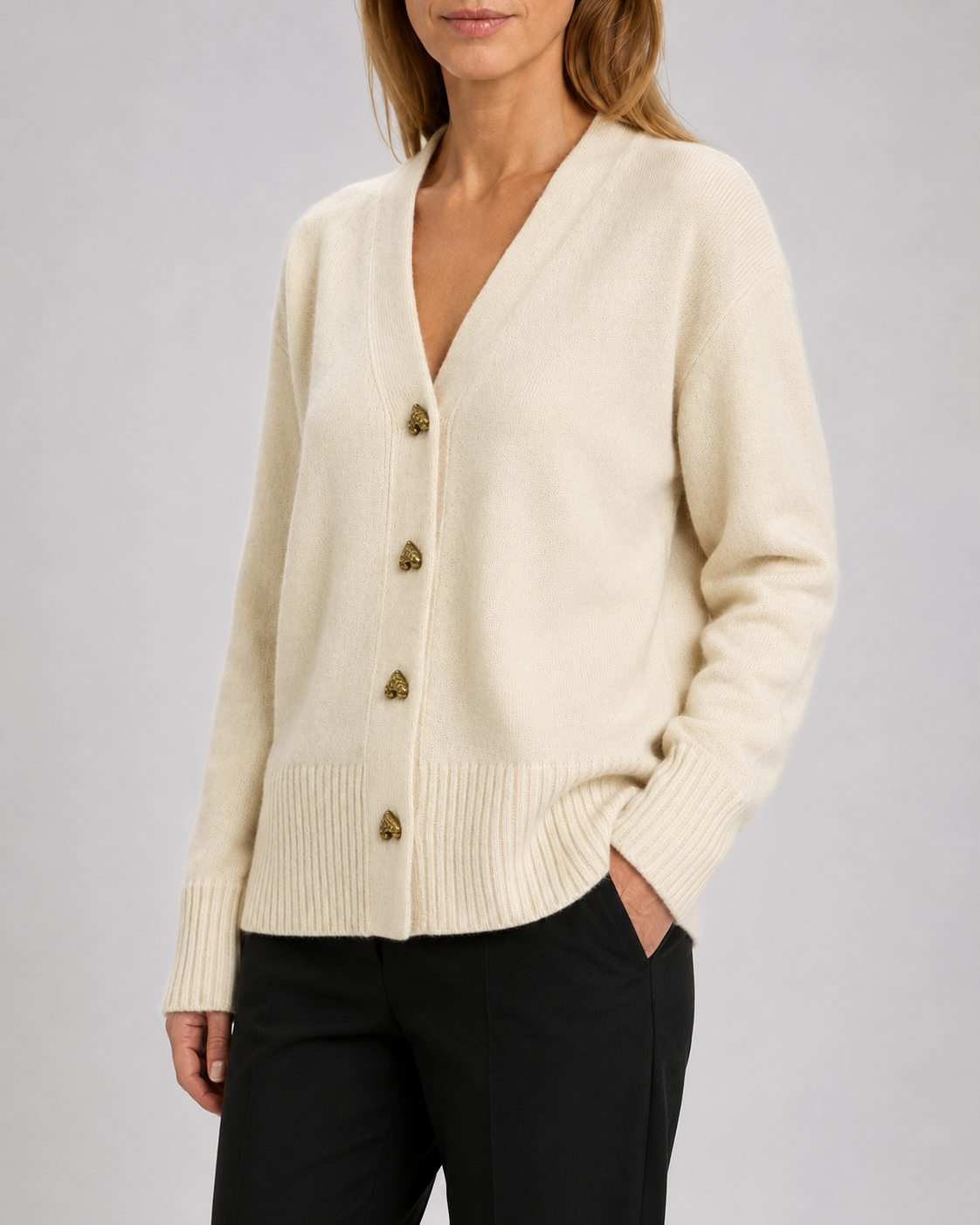 Women's V-Neck Knit Cardigan with Heart Buttons