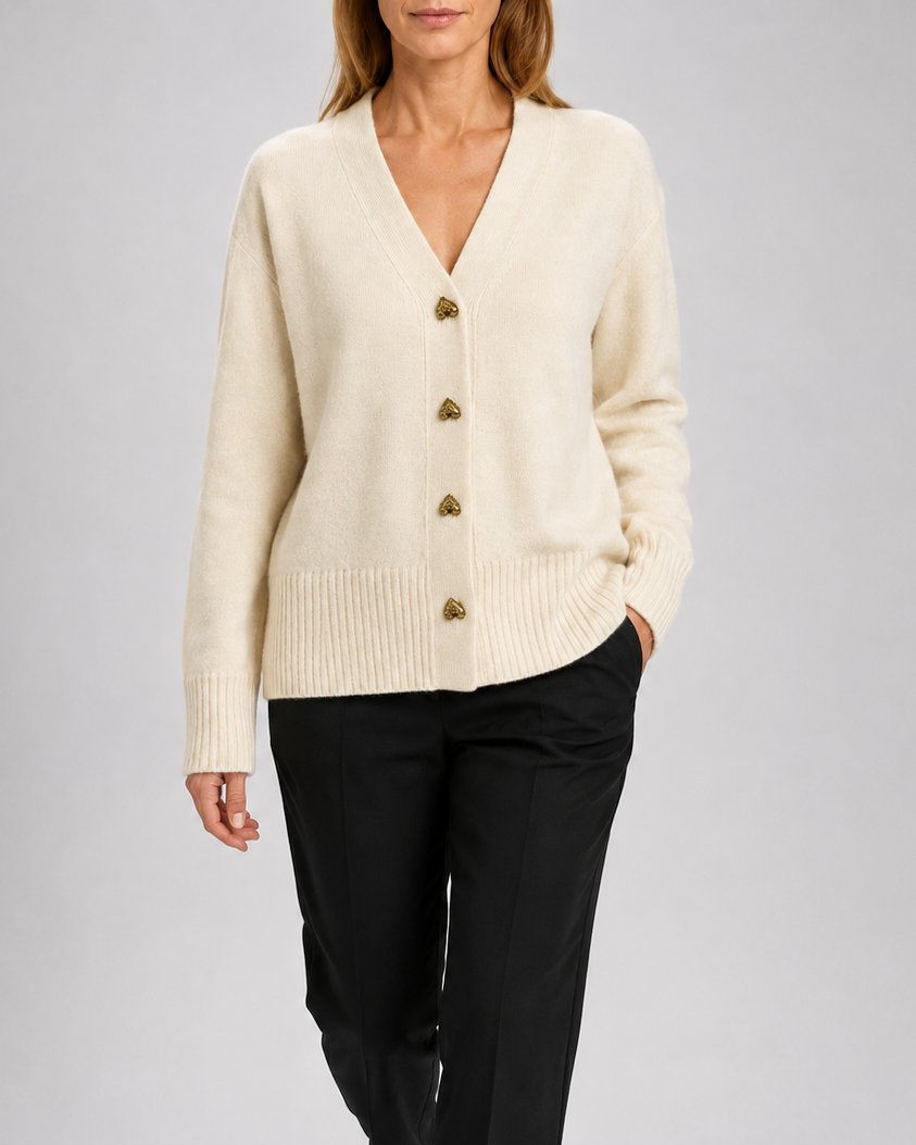 Women's V-Neck Knit Cardigan with Heart Buttons