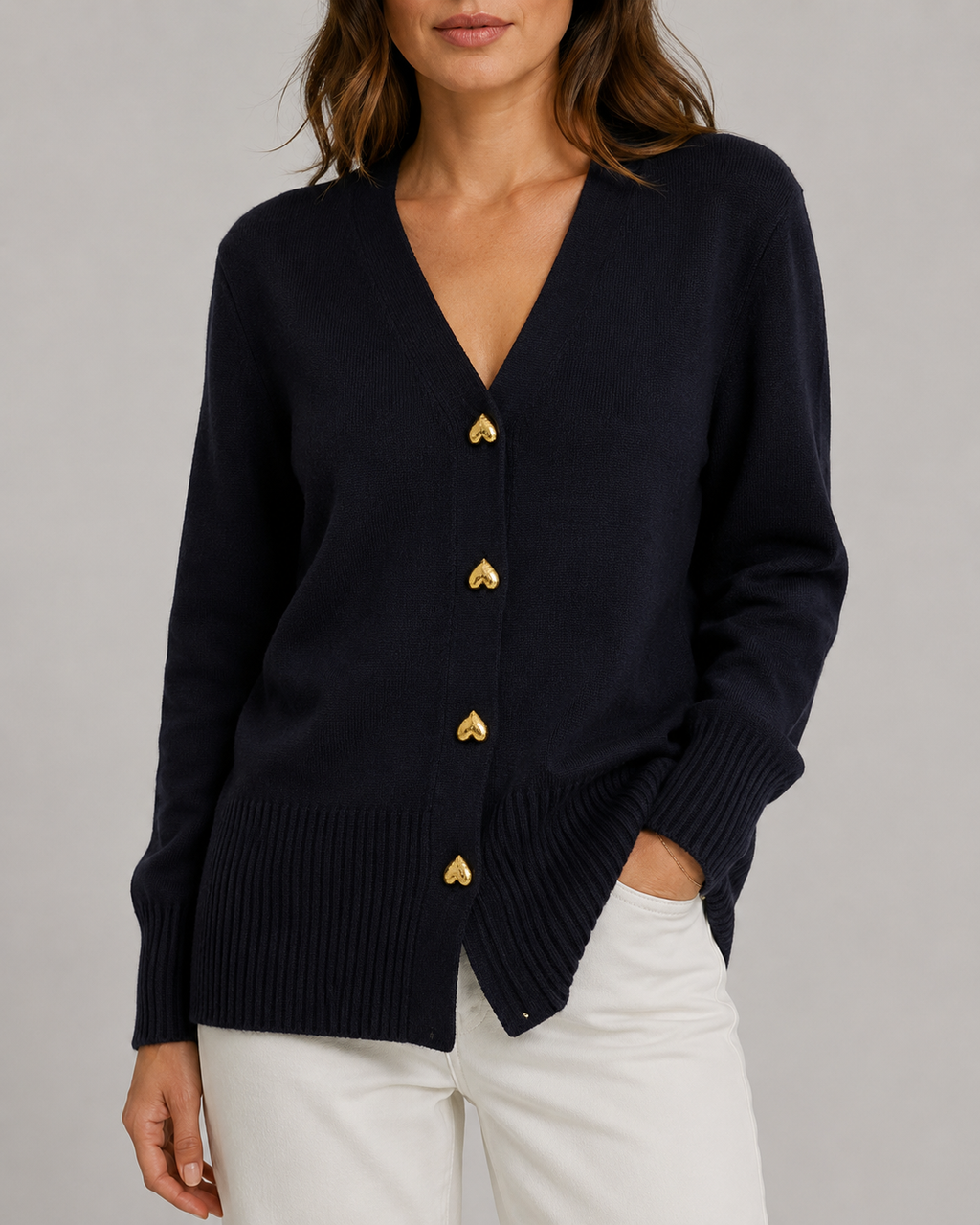 Women's V-Neck Knit Cardigan with Heart Buttons