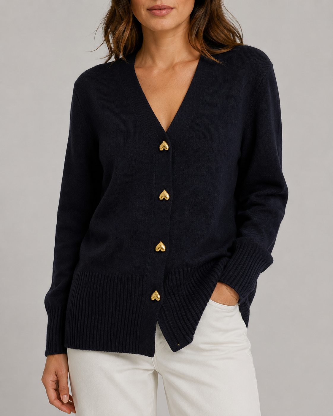 Women's V-Neck Knit Cardigan with Heart Buttons