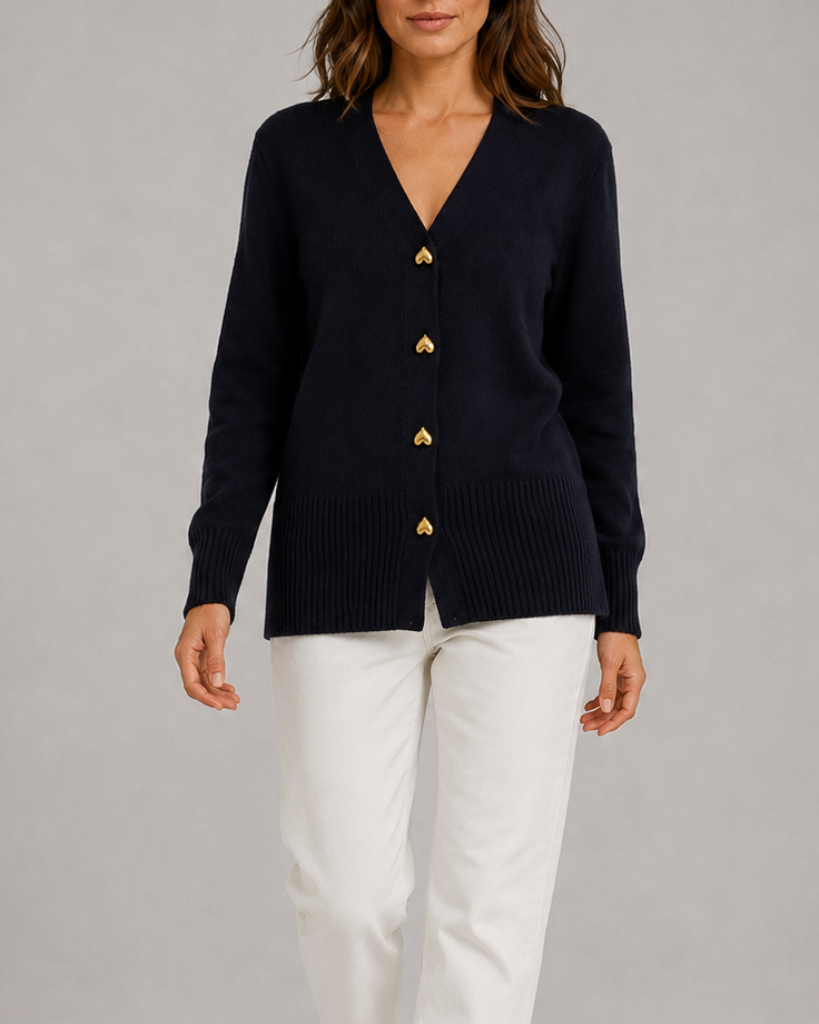 Women's V-Neck Knit Cardigan with Heart Buttons