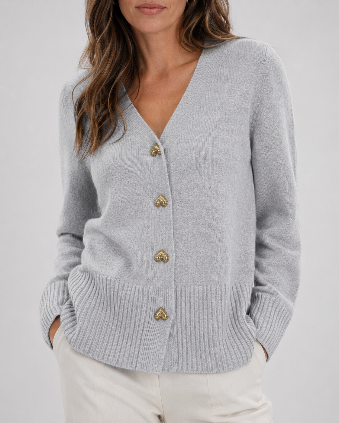 Women's V-Neck Knit Cardigan with Heart Buttons