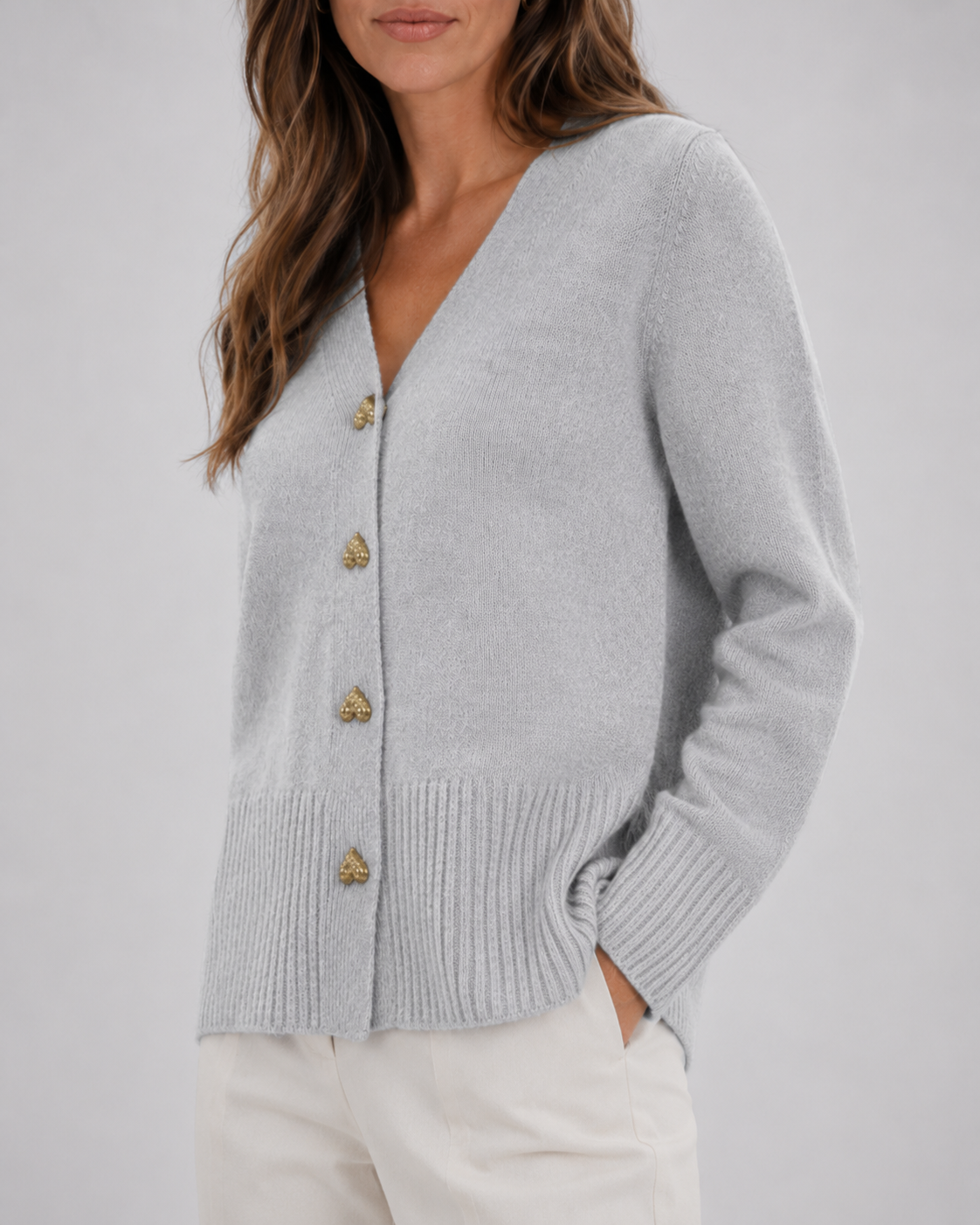 Women's V-Neck Knit Cardigan with Heart Buttons