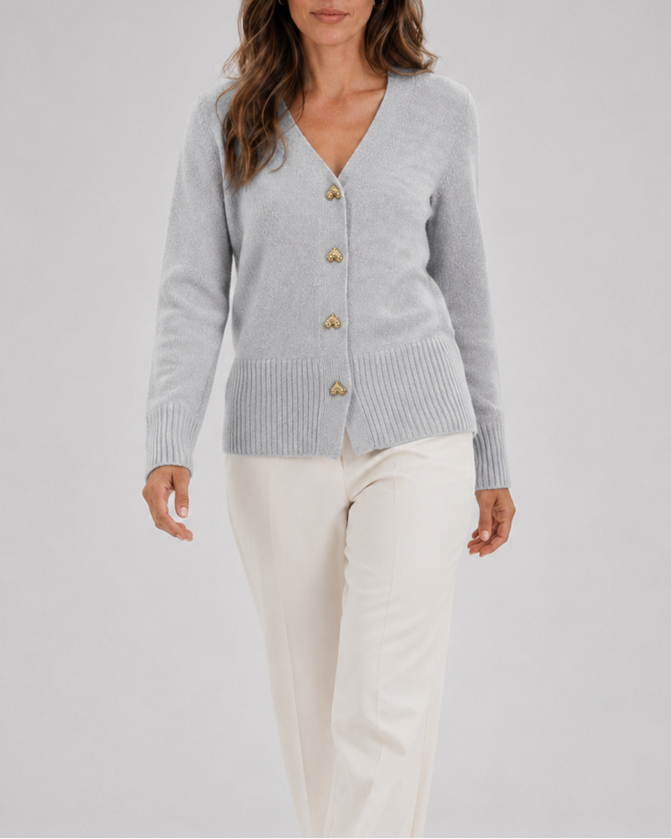 Women's V-Neck Knit Cardigan with Heart Buttons