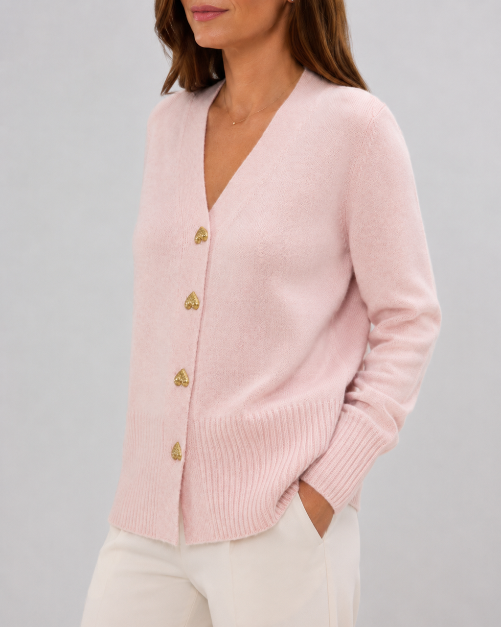 Women's V-Neck Knit Cardigan with Heart Buttons