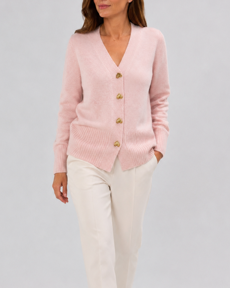 Women's V-Neck Knit Cardigan with Heart Buttons