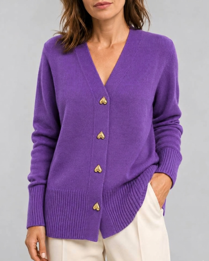 Women's V-Neck Knit Cardigan with Heart Buttons
