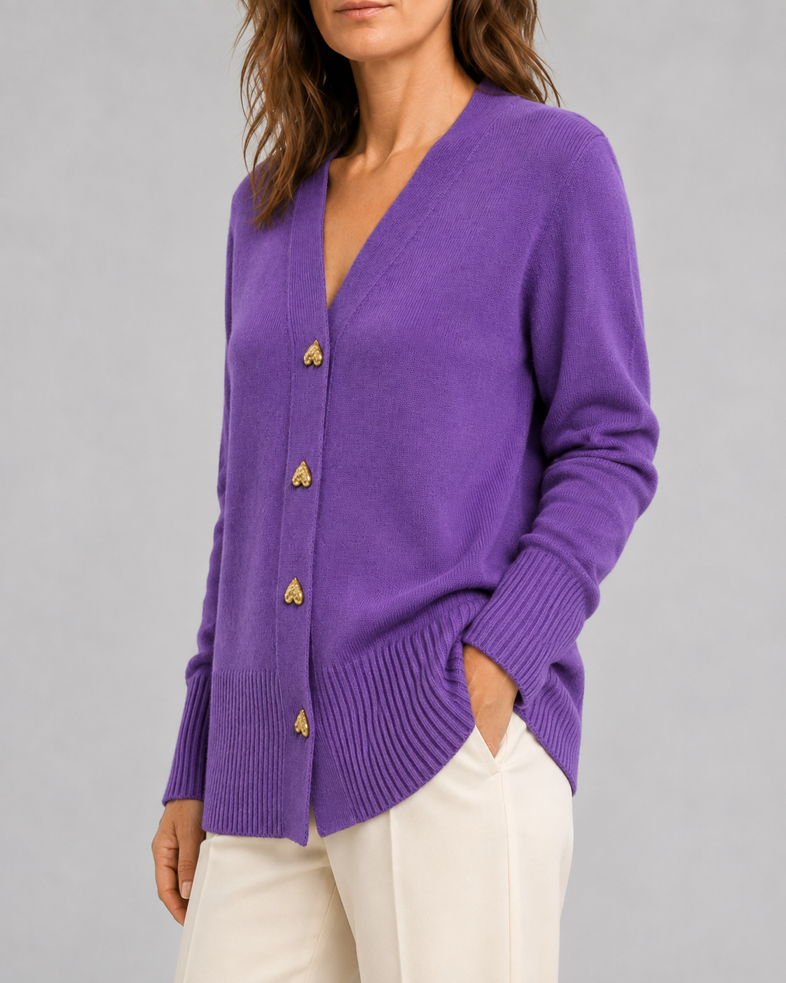 Women's V-Neck Knit Cardigan with Heart Buttons