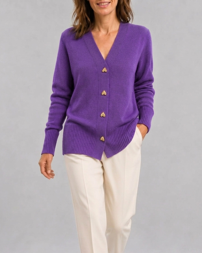 Women's V-Neck Knit Cardigan with Heart Buttons